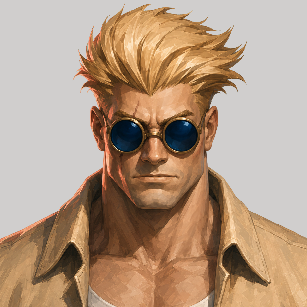 Painted portrait of Woz wearing opaque blue goggles and a sand-colored coat